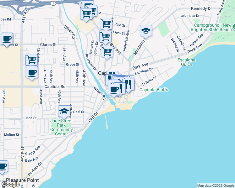 map of restaurants, bars, coffee shops, grocery stores, and more near 217 San Jose Avenue in Capitola