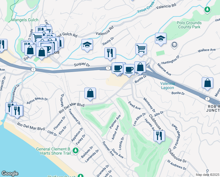 map of restaurants, bars, coffee shops, grocery stores, and more near 316 Spyglass Way in Aptos