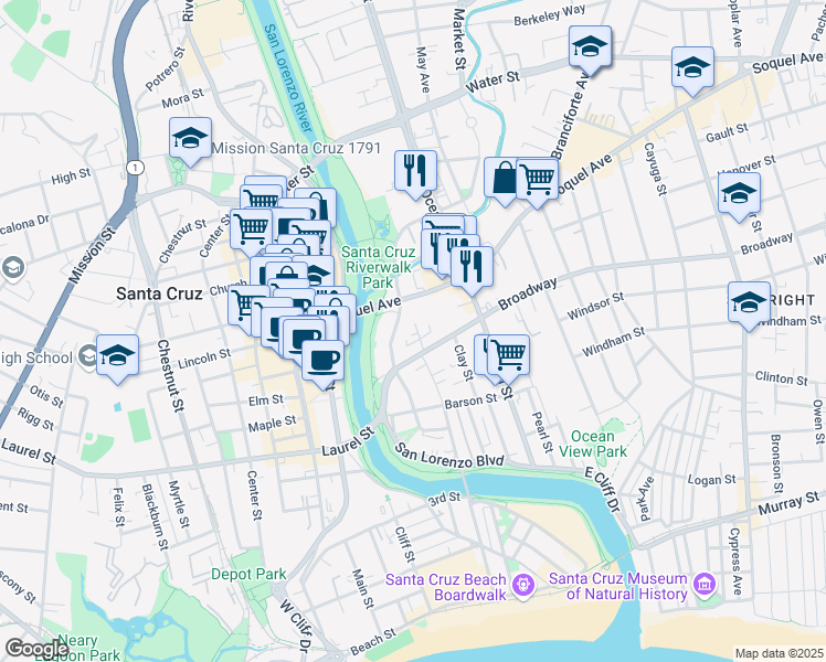 map of restaurants, bars, coffee shops, grocery stores, and more near 2 Roberts Street in Santa Cruz