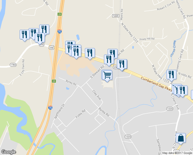 map of restaurants, bars, coffee shops, grocery stores, and more near 104 South Stewart Road in Corbin