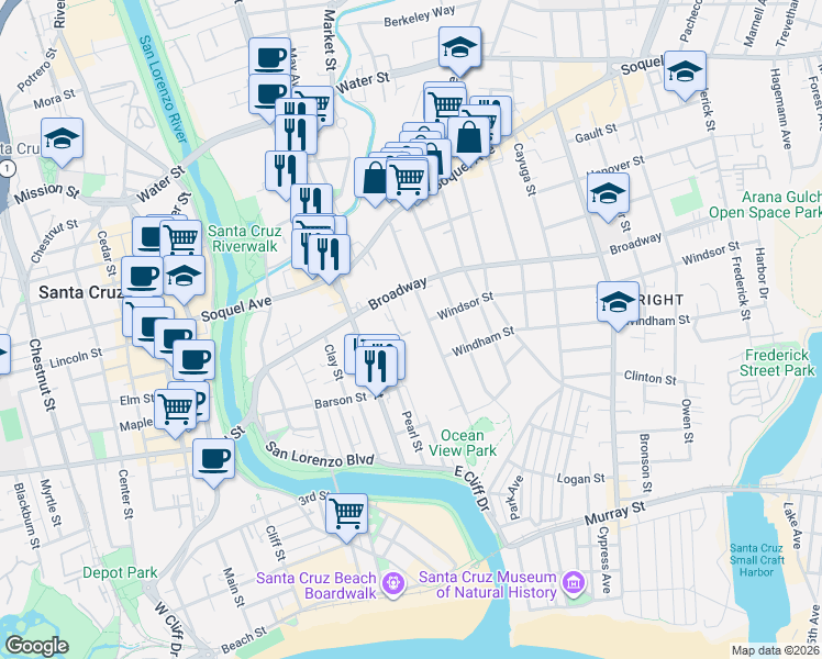 map of restaurants, bars, coffee shops, grocery stores, and more near 411 Ocean View Avenue in Santa Cruz