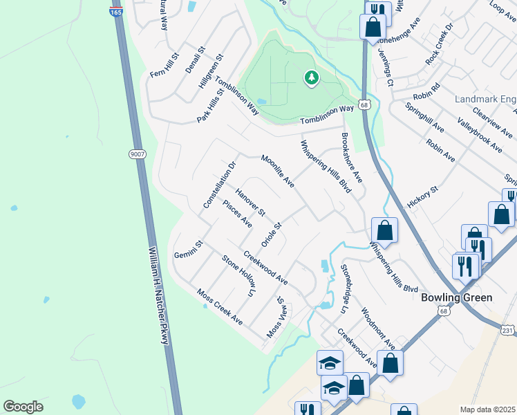 map of restaurants, bars, coffee shops, grocery stores, and more near 400 Hanover Street in Bowling Green