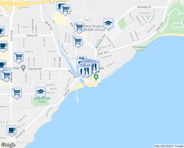 map of restaurants, bars, coffee shops, grocery stores, and more near 212 Stockton Avenue in Capitola