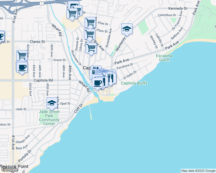 map of restaurants, bars, coffee shops, grocery stores, and more near 217 San Jose Avenue in Capitola