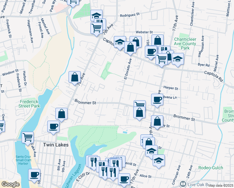 map of restaurants, bars, coffee shops, grocery stores, and more near 1215 Dougmar Drive in Santa Cruz