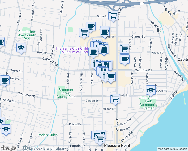 map of restaurants, bars, coffee shops, grocery stores, and more near 1610 Bulb Avenue in Santa Cruz