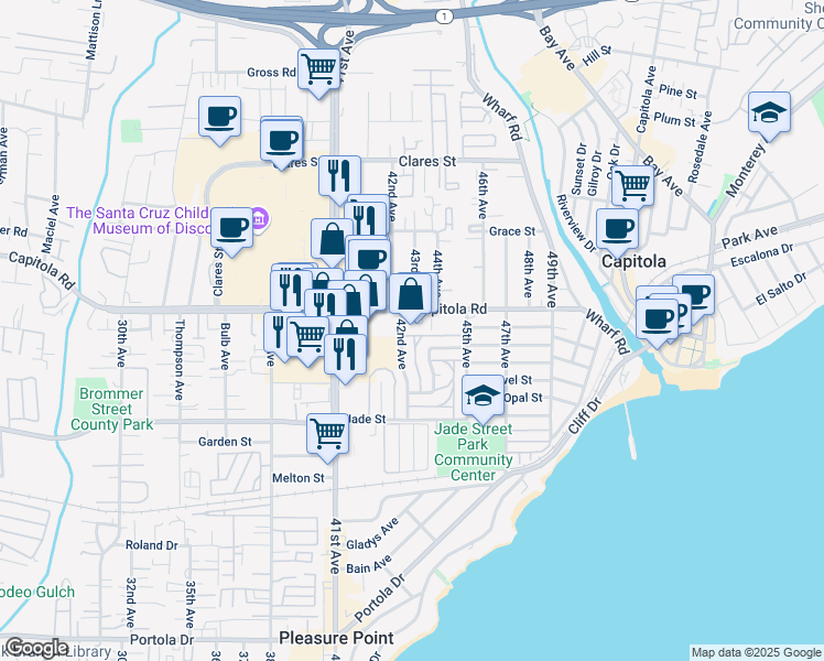 map of restaurants, bars, coffee shops, grocery stores, and more near 4242 Capitola Road in Capitola
