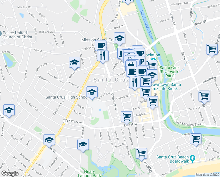 map of restaurants, bars, coffee shops, grocery stores, and more near 513 Chestnut Street in Santa Cruz
