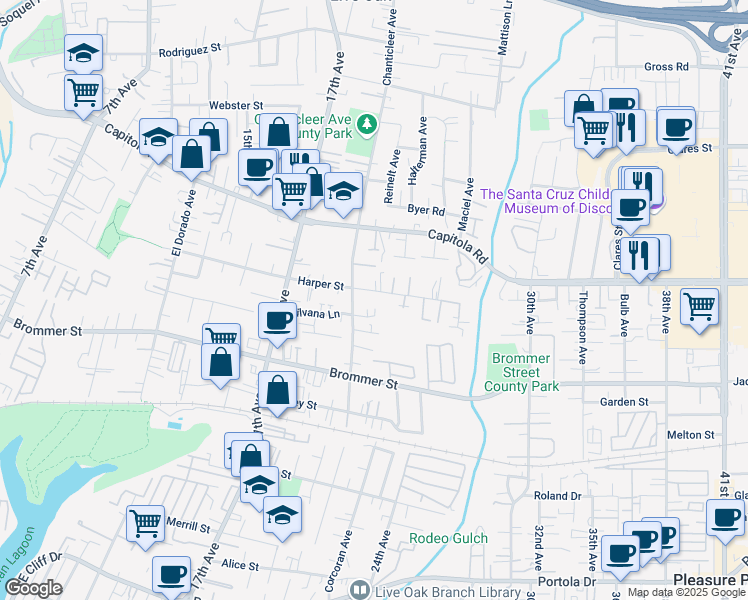 map of restaurants, bars, coffee shops, grocery stores, and more near 2250 Harper Street in Santa Cruz