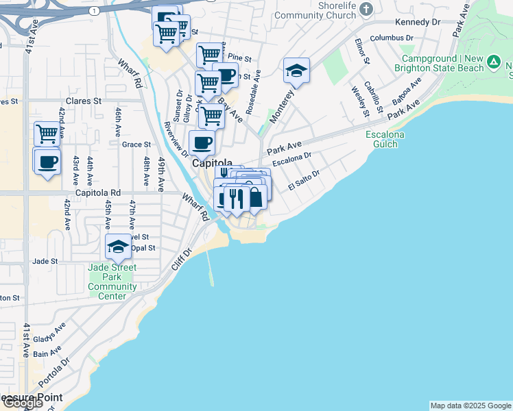 map of restaurants, bars, coffee shops, grocery stores, and more near 218 El Camino Medio in Capitola