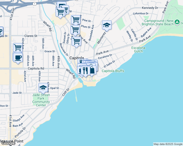 map of restaurants, bars, coffee shops, grocery stores, and more near 218 El Camino Medio in Capitola