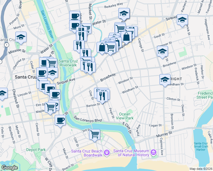 map of restaurants, bars, coffee shops, grocery stores, and more near 411 Ocean View Avenue in Santa Cruz