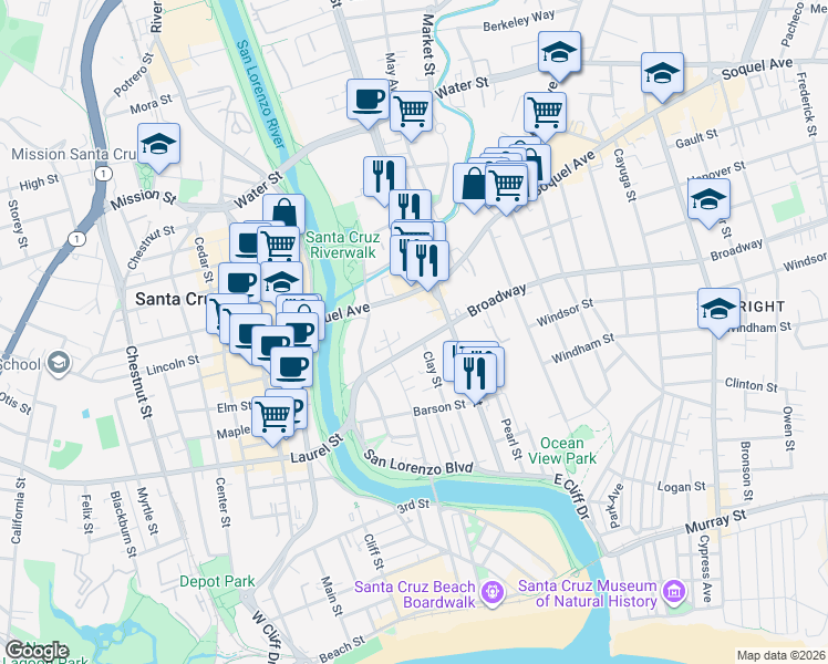 map of restaurants, bars, coffee shops, grocery stores, and more near 411 Broadway in Santa Cruz