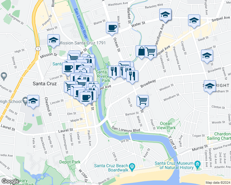 map of restaurants, bars, coffee shops, grocery stores, and more near 318 Soquel Avenue in Santa Cruz