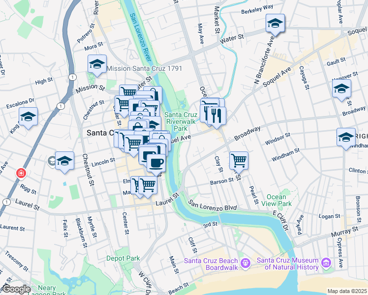 map of restaurants, bars, coffee shops, grocery stores, and more near in Santa Cruz