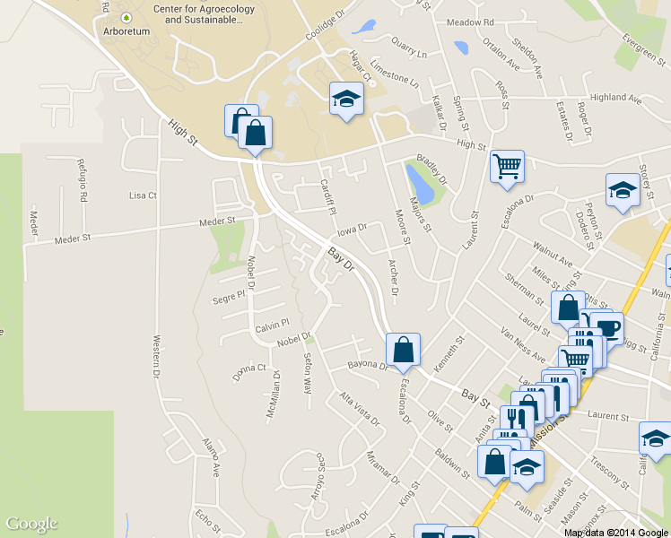 map of restaurants, bars, coffee shops, grocery stores, and more near 131 Torrey Pine Terrace in Santa Cruz