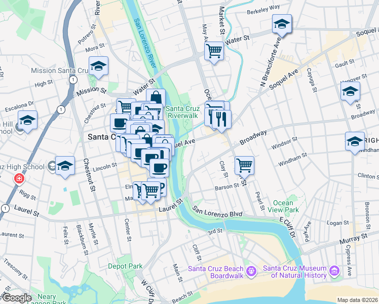 map of restaurants, bars, coffee shops, grocery stores, and more near 839 Riverside Avenue in Santa Cruz