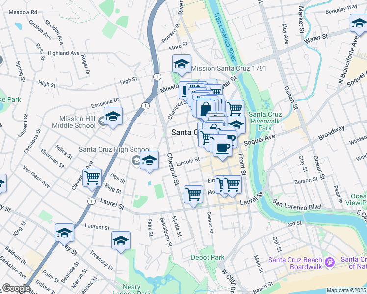 map of restaurants, bars, coffee shops, grocery stores, and more near in Santa Cruz