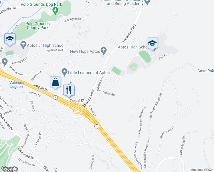 map of restaurants, bars, coffee shops, grocery stores, and more near 112 Cherry Blossom Lane in Aptos