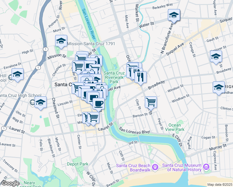 map of restaurants, bars, coffee shops, grocery stores, and more near 839 Riverside Avenue in Santa Cruz