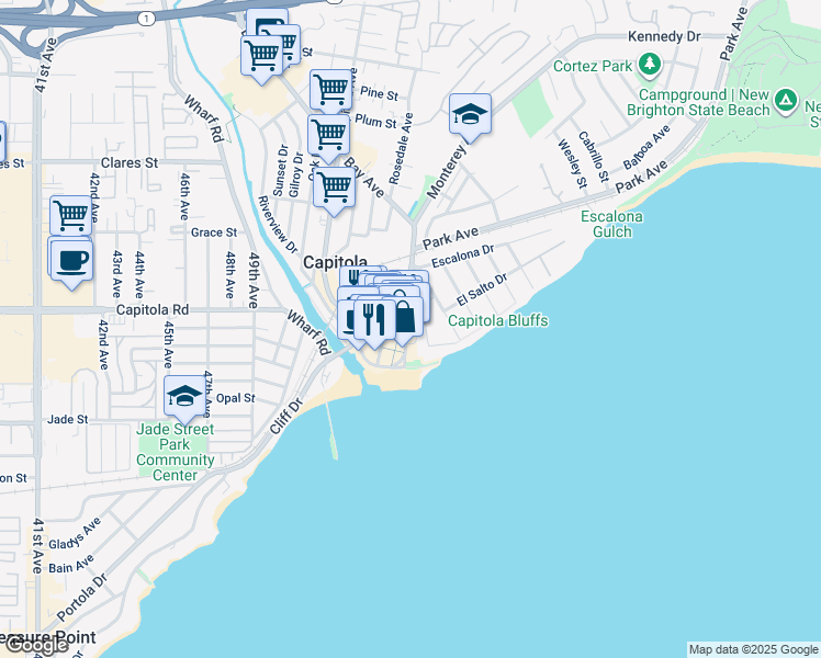 map of restaurants, bars, coffee shops, grocery stores, and more near 218 El Camino Medio in Capitola