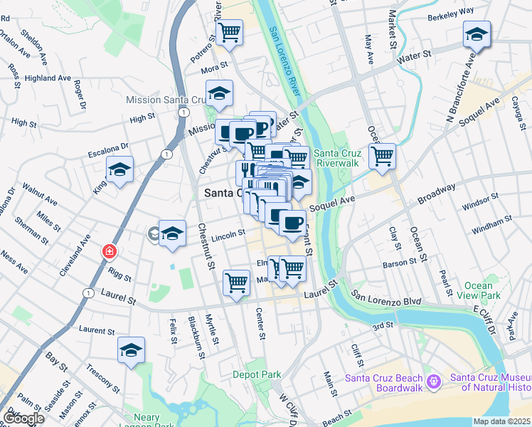 map of restaurants, bars, coffee shops, grocery stores, and more near 108 Walnut Avenue in Santa Cruz
