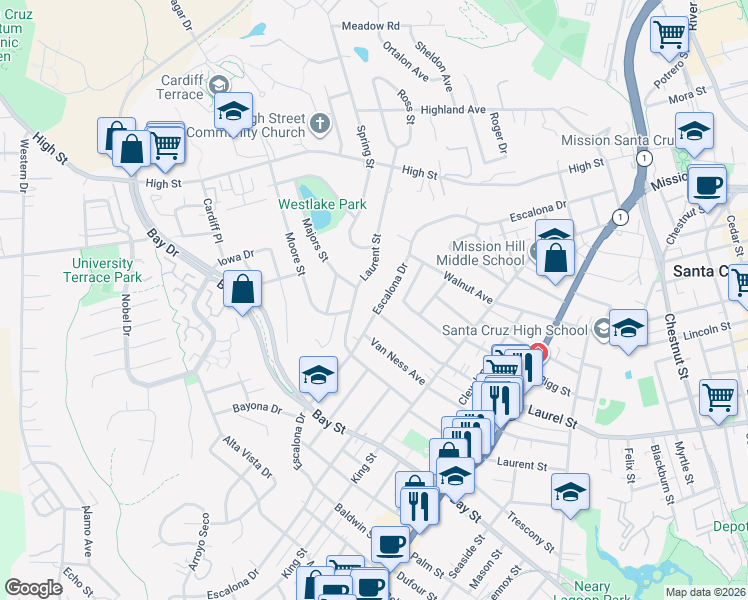map of restaurants, bars, coffee shops, grocery stores, and more near 760 Escalona Drive in Santa Cruz