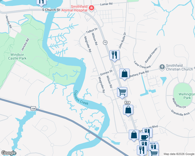 map of restaurants, bars, coffee shops, grocery stores, and more near 1014 Magruder Road in Smithfield