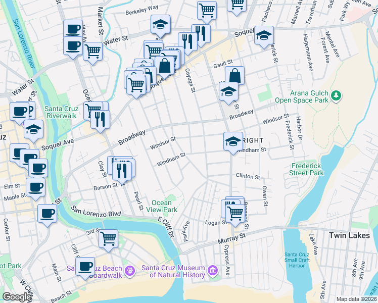 map of restaurants, bars, coffee shops, grocery stores, and more near 409 Windham Street in Santa Cruz