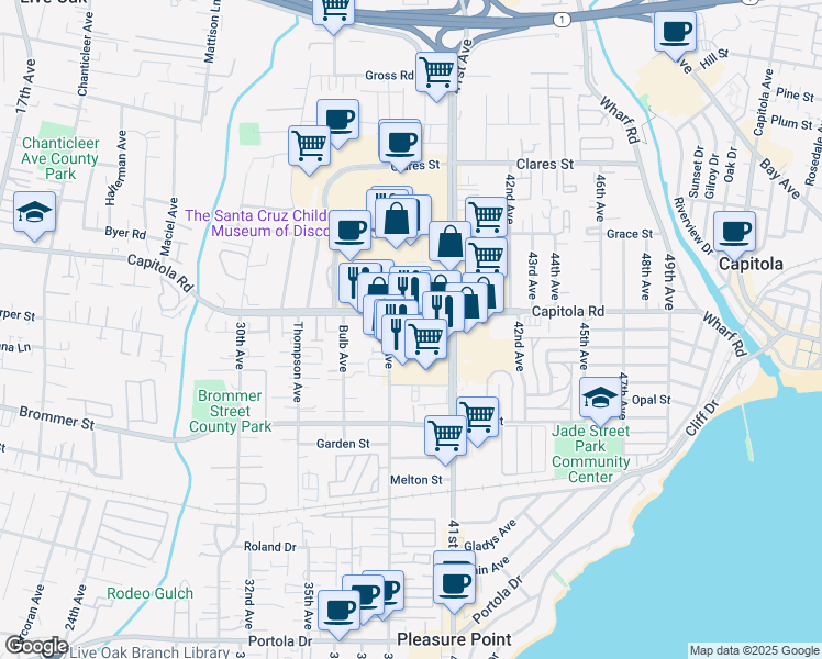 map of restaurants, bars, coffee shops, grocery stores, and more near 1601 41st Avenue in Capitola