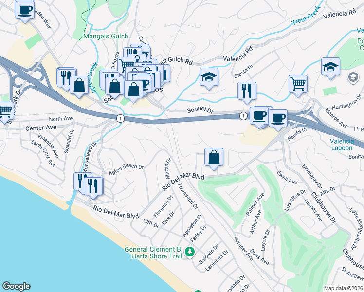 map of restaurants, bars, coffee shops, grocery stores, and more near 407 Sandalwood Drive in Aptos