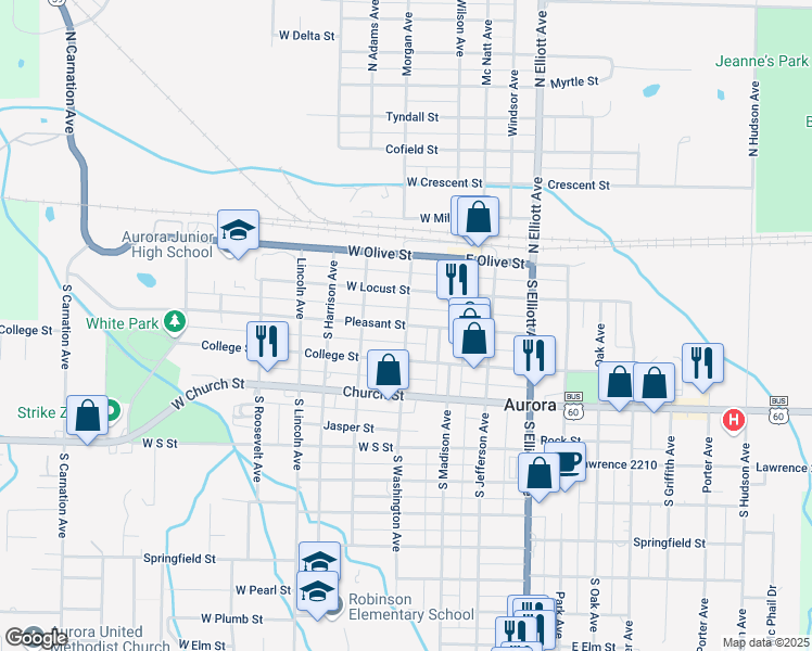 map of restaurants, bars, coffee shops, grocery stores, and more near 299 S Washington Ave in Aurora