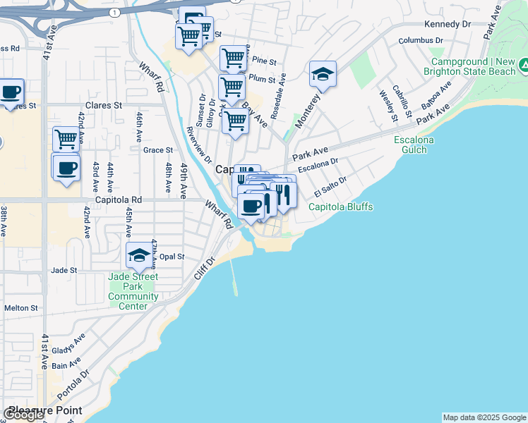 map of restaurants, bars, coffee shops, grocery stores, and more near 217 San Jose Avenue in Capitola
