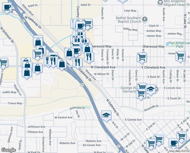 map of restaurants, bars, coffee shops, grocery stores, and more near 337 West Wilson Street in Madera