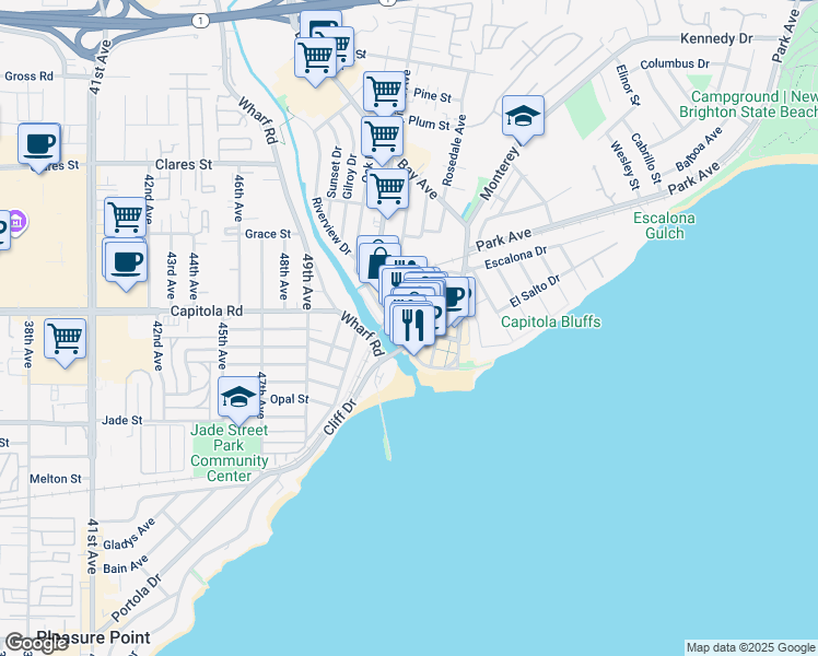 map of restaurants, bars, coffee shops, grocery stores, and more near 331 Capitola Avenue in Capitola