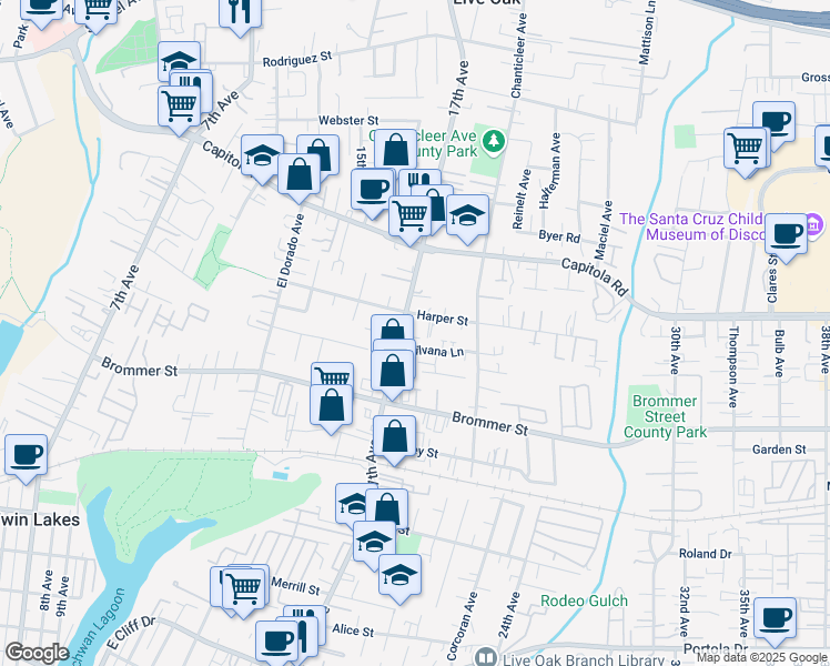 map of restaurants, bars, coffee shops, grocery stores, and more near 1818 Harper Street in Santa Cruz