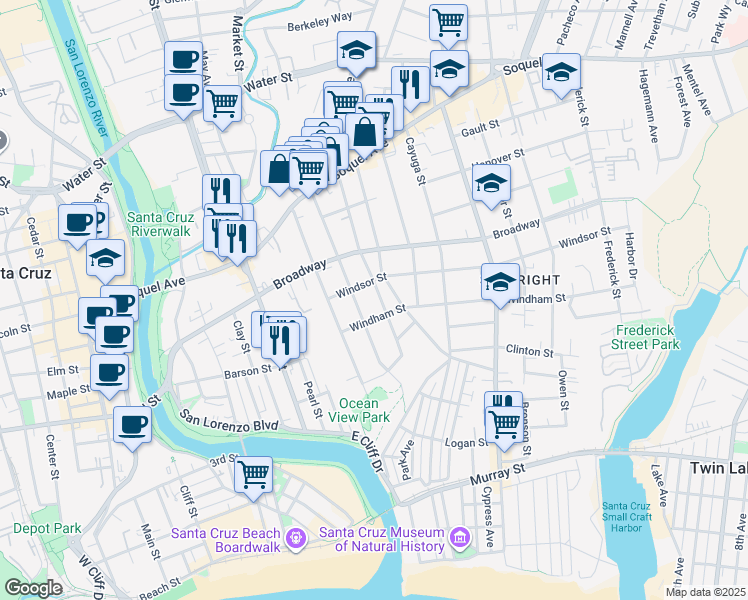 map of restaurants, bars, coffee shops, grocery stores, and more near 224 Caledonia Street in Santa Cruz