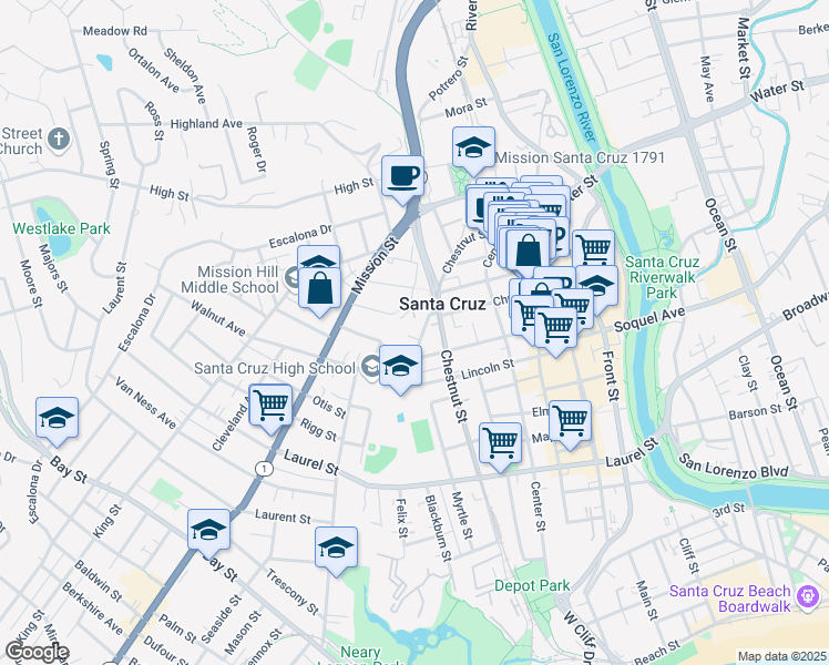 map of restaurants, bars, coffee shops, grocery stores, and more near 142 Chrystal Terrace in Santa Cruz