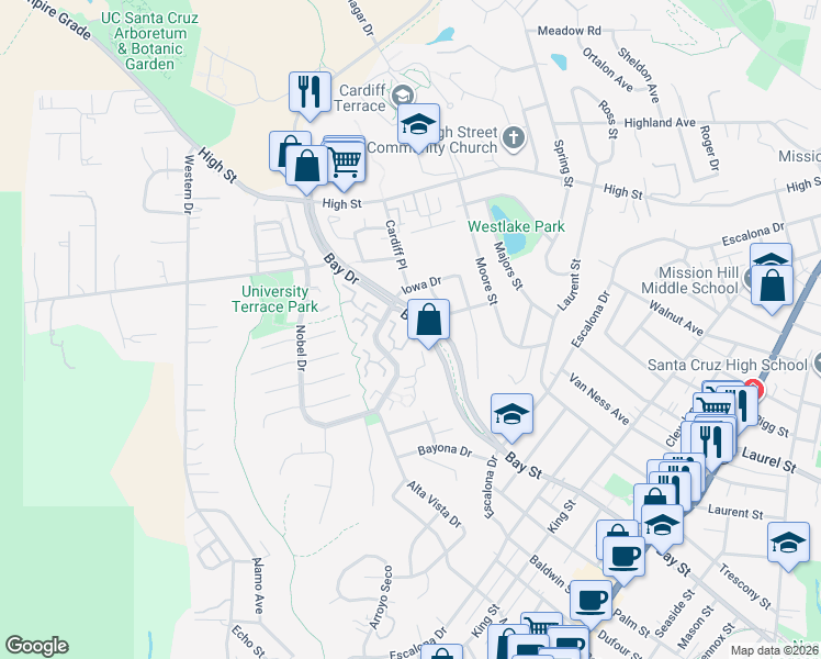 map of restaurants, bars, coffee shops, grocery stores, and more near 217 Fridley Drive in Santa Cruz