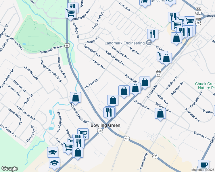 map of restaurants, bars, coffee shops, grocery stores, and more near 2311 Russellville Road in Bowling Green