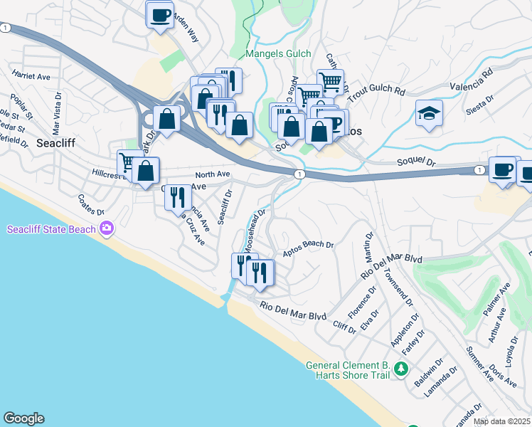 map of restaurants, bars, coffee shops, grocery stores, and more near 207 Forest Drive in Aptos