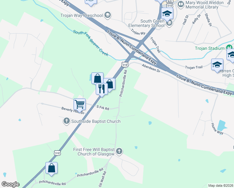 map of restaurants, bars, coffee shops, grocery stores, and more near 213 Pritchardsville Road in Glasgow
