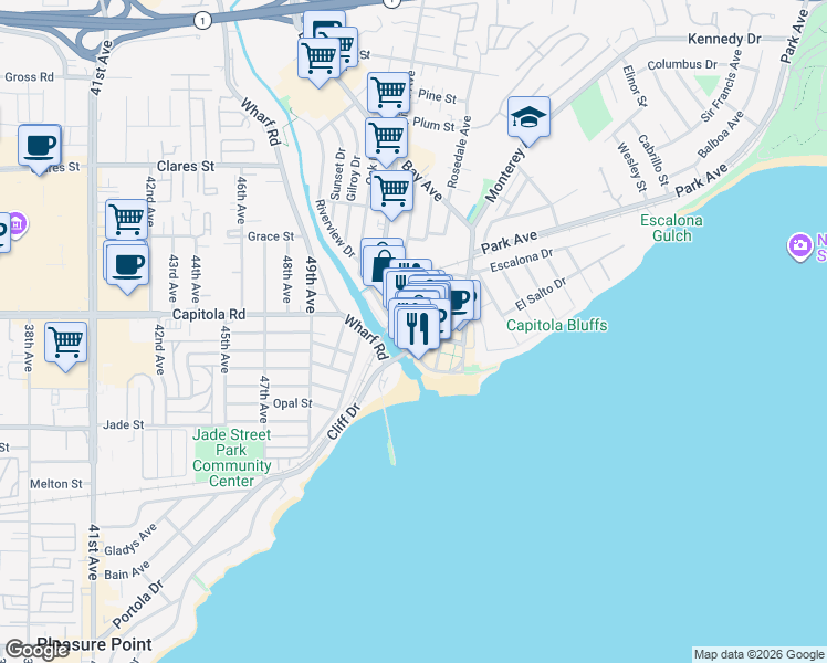 map of restaurants, bars, coffee shops, grocery stores, and more near 331 Capitola Avenue in Capitola