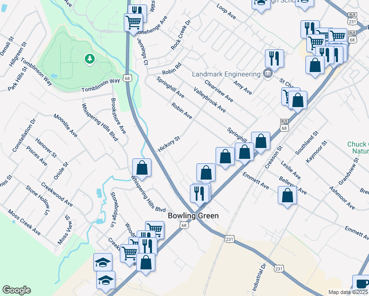 map of restaurants, bars, coffee shops, grocery stores, and more near 2311 Russellville Road in Bowling Green