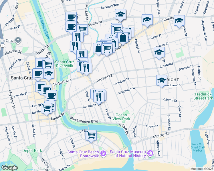 map of restaurants, bars, coffee shops, grocery stores, and more near 205 Roosevelt Terrace in Santa Cruz