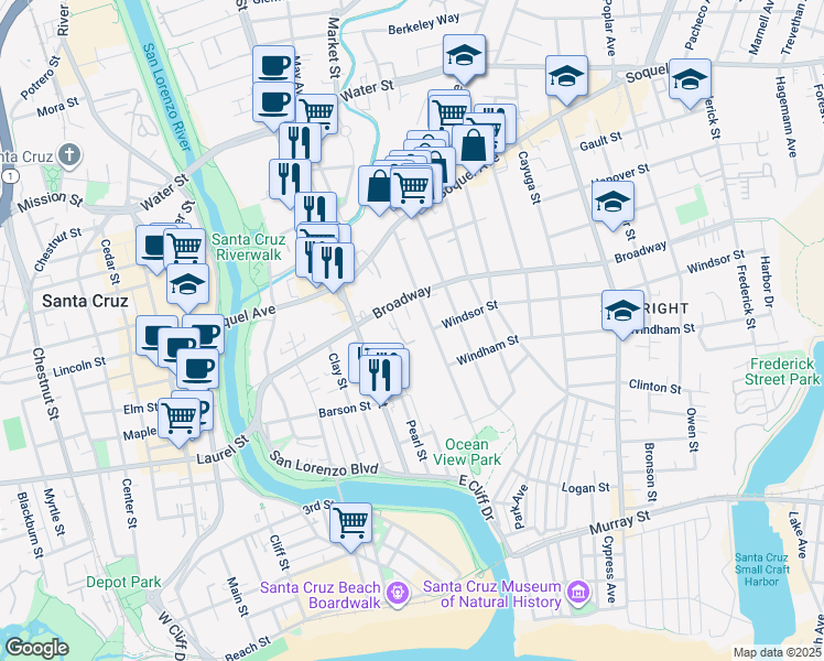 map of restaurants, bars, coffee shops, grocery stores, and more near 205 Roosevelt Terrace in Santa Cruz
