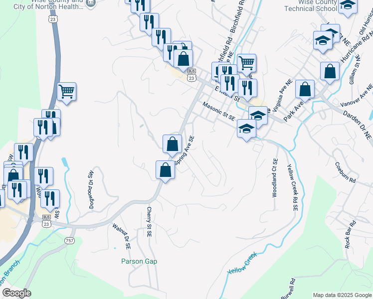 map of restaurants, bars, coffee shops, grocery stores, and more near 198 Glade St SE in Wise
