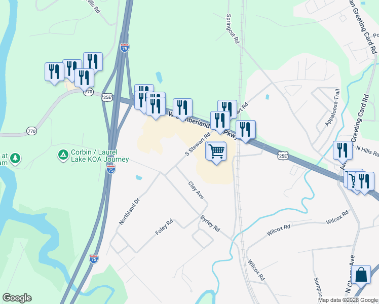 map of restaurants, bars, coffee shops, grocery stores, and more near 104 South Stewart Road in Corbin