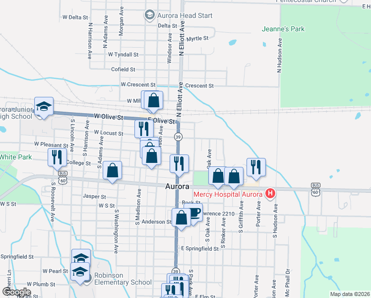 map of restaurants, bars, coffee shops, grocery stores, and more near 203 South Park Avenue in Aurora