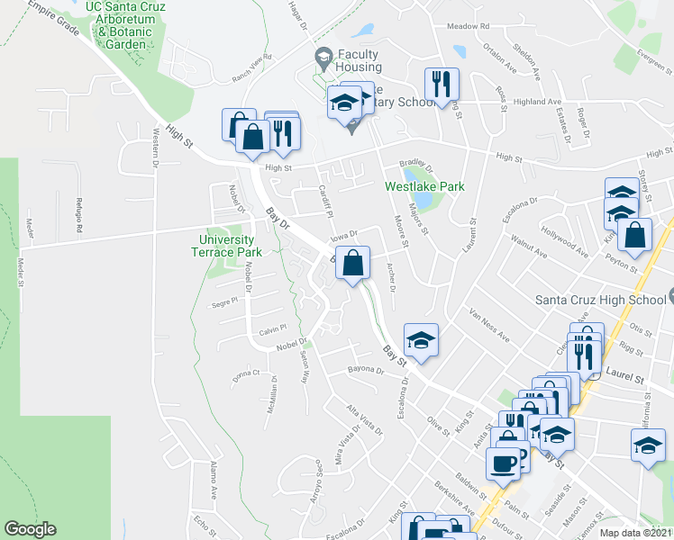 map of restaurants, bars, coffee shops, grocery stores, and more near 217 Fridley Drive in Santa Cruz
